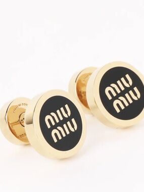 Miu Miu Gold and Black Enameled Round Logo Metal Earrings